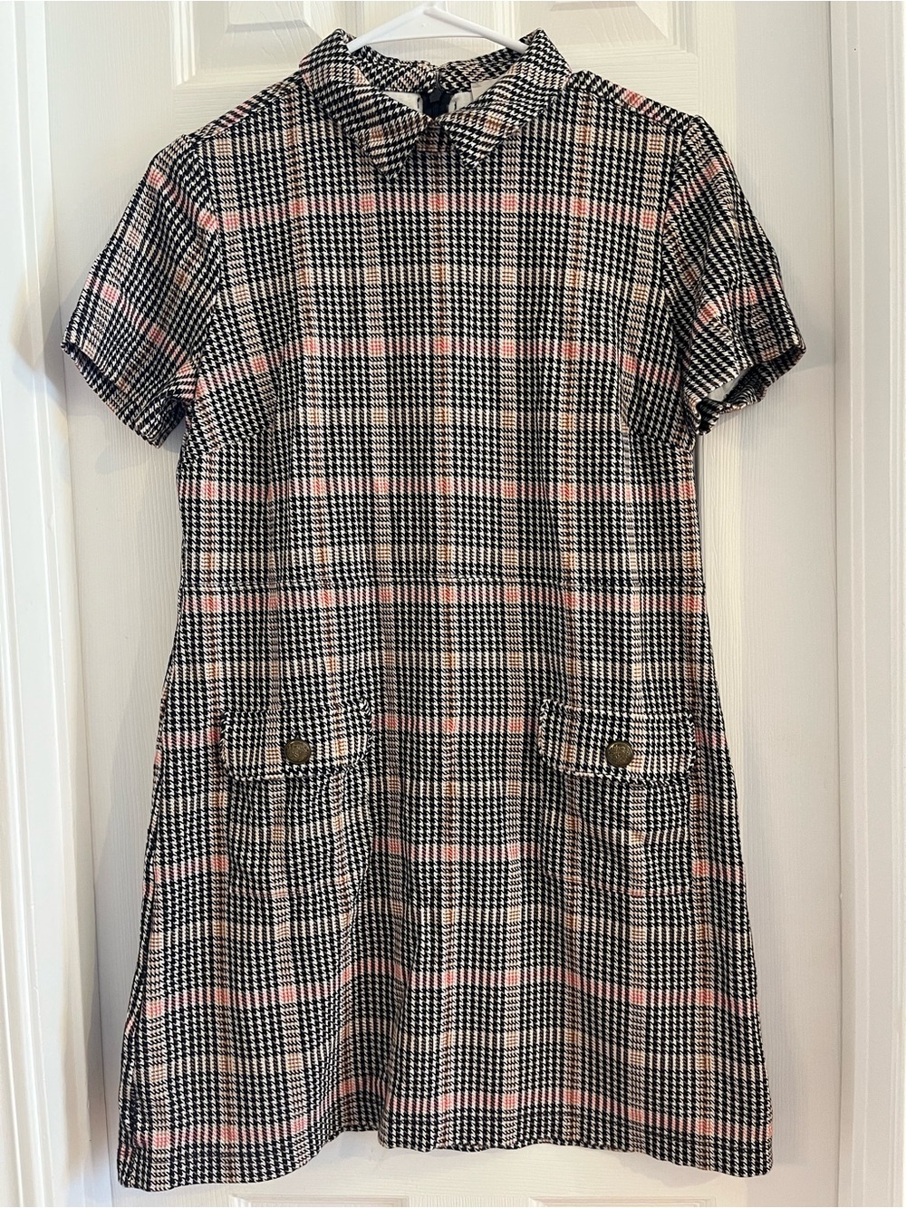 LOFT Black, White & Pink Plaid Short Sleeve Dress with Peter Pan Collar
